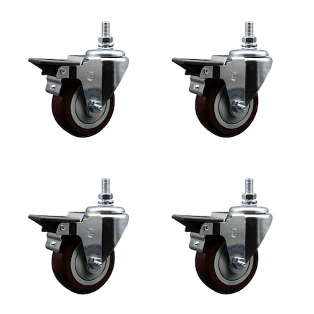 Service Caster 35 Inch Maroon Polyurethane 12 Inch Threaded Stem Caster Set with Brake SCC-TS20S3514-PPUB-MRN-PLB-121315-4